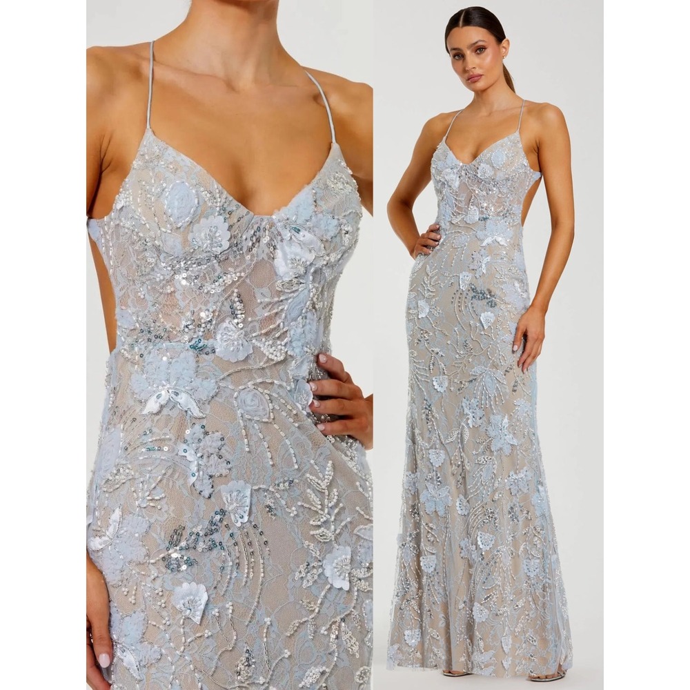 Mac Duggal Blue Sleeveless Embellished Open Back Column Gown $498 - Size 6